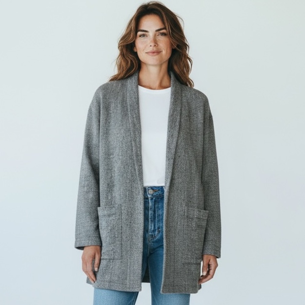 Eileen Fisher Open Herringbone Blazer Women's Relaxed XS Blue‎ Organic Cotton